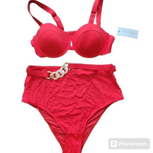 Beach Joy Red High Cut Padded Bikini With Metal Decor Size Large - Picture 2 of 6
